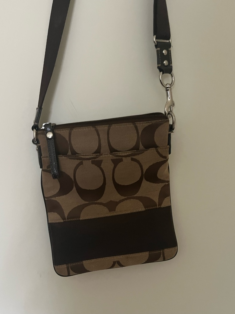 Vintage Y2K Coach Signature Stripe Brown Jacquard+Chocolate Leather Crossbody